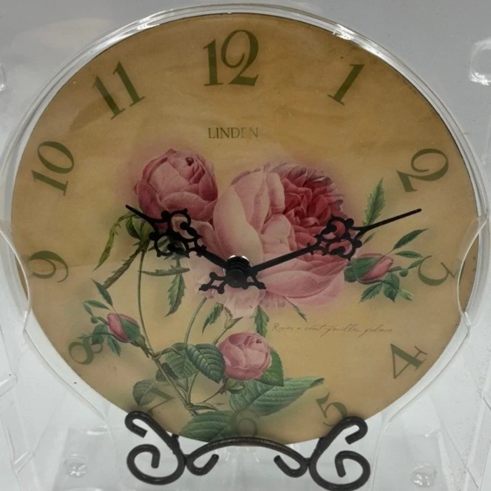NEW Linden Roses Decorative Plate Clock Vintage Floral Quartz Table Wall Stand